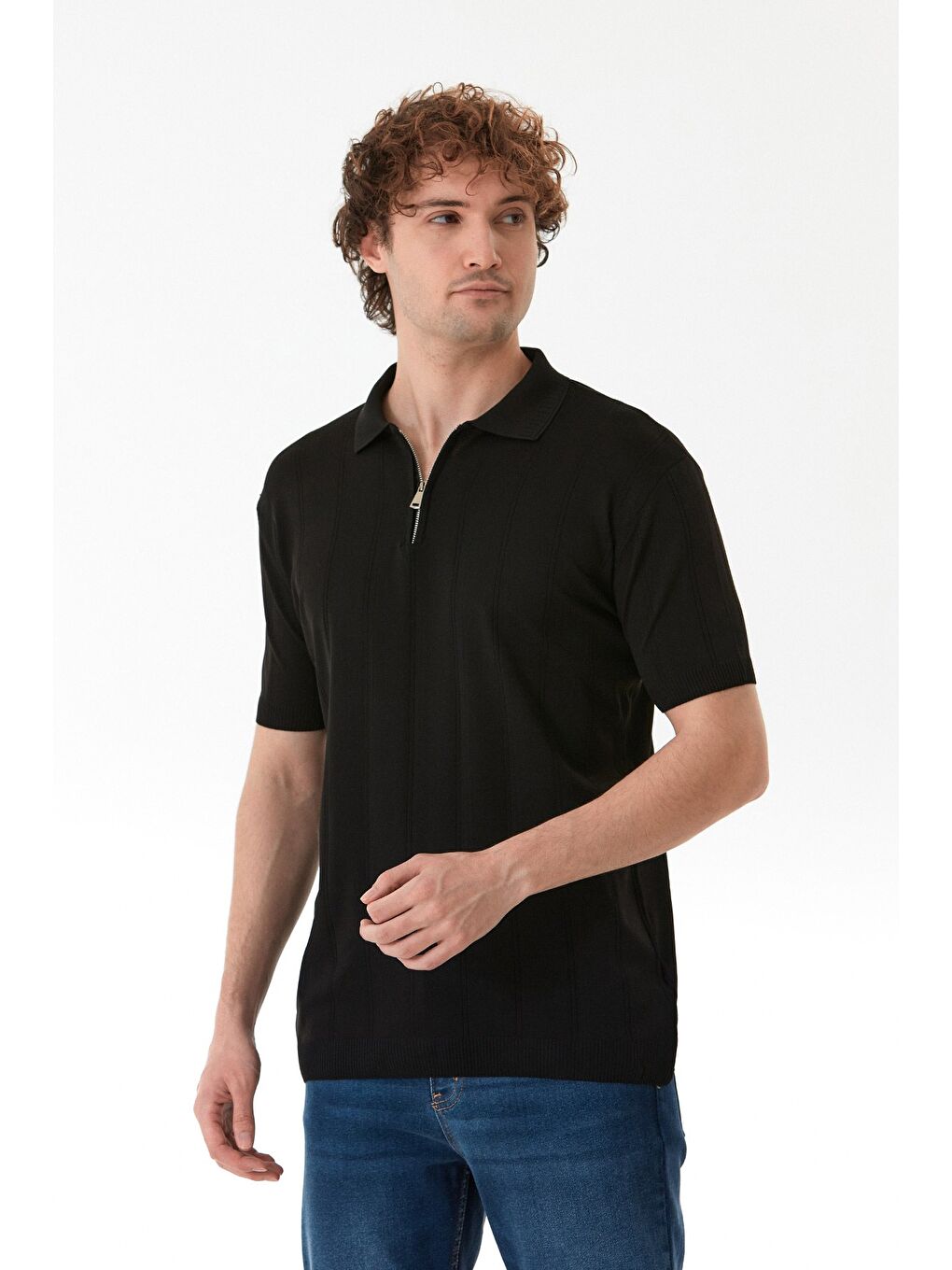 Siyah Şeritli Polo Yaka Yarım Fermuarlı Triko Tişört-2