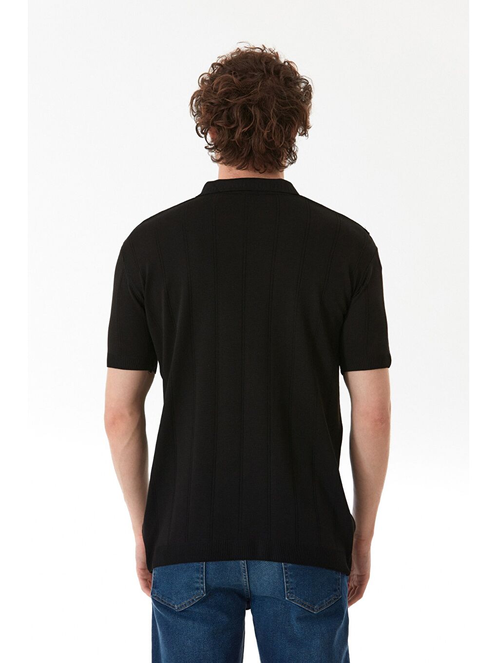 Siyah Şeritli Polo Yaka Yarım Fermuarlı Triko Tişört-3