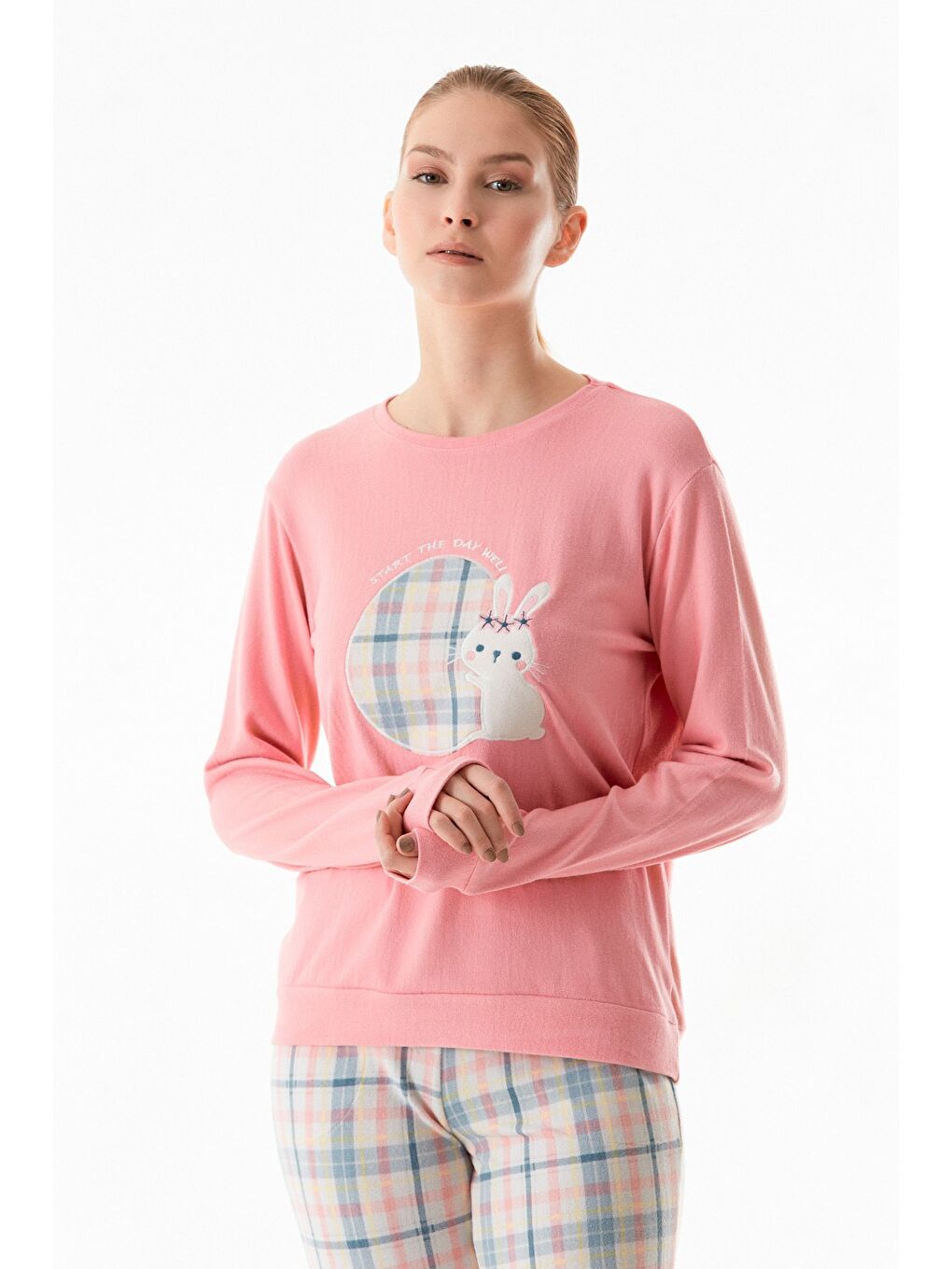 Pembe Tavşan Nakışlı Bisiklet Yaka 2'li Pijama Takımı-2