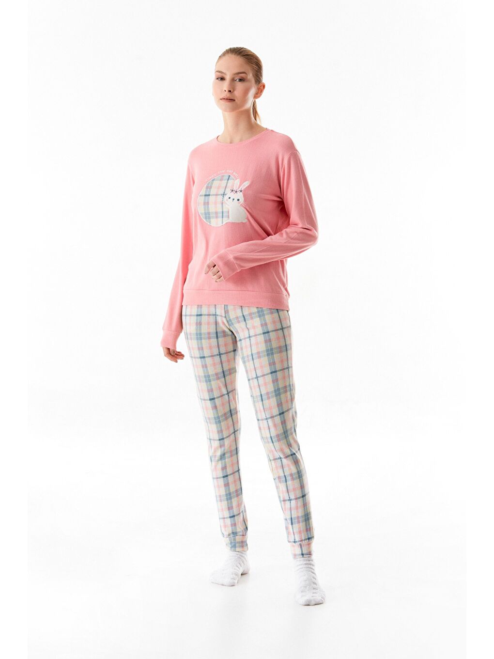 Pembe Tavşan Nakışlı Bisiklet Yaka 2'li Pijama Takımı-3