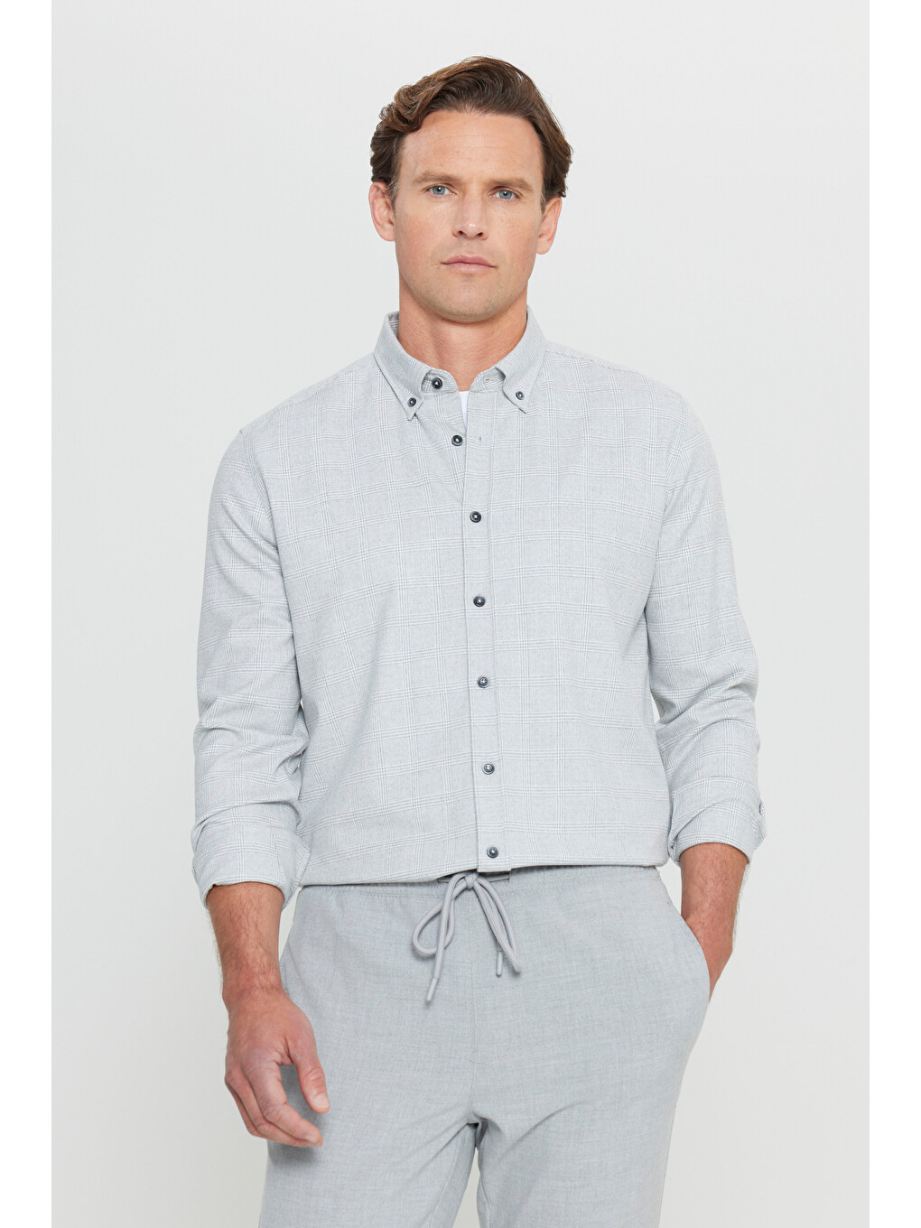 Erkek Gri Oxford Slim Fit Dar Kesim Düğmeli Yaka Kareli Esnek Gömlek-1