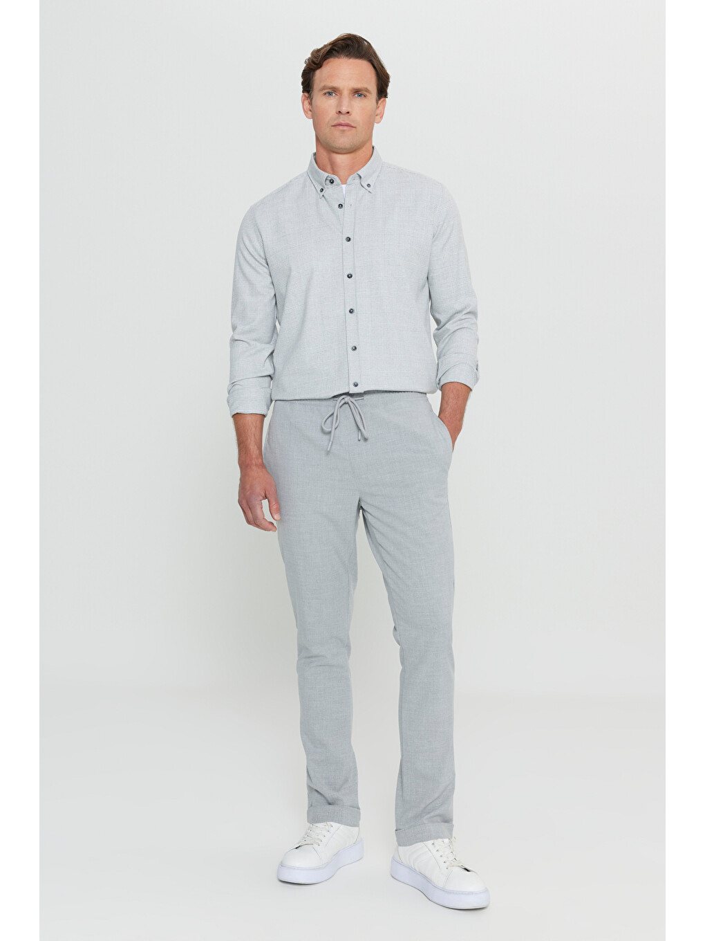 Erkek Gri Oxford Slim Fit Dar Kesim Düğmeli Yaka Kareli Esnek Gömlek-2