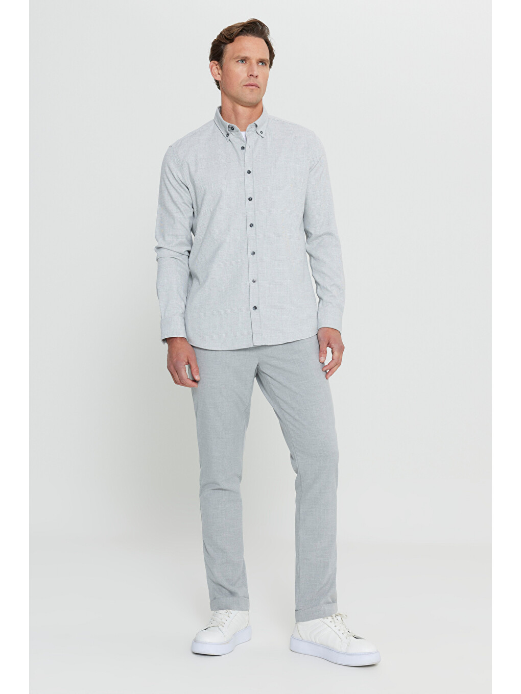 Erkek Gri Oxford Slim Fit Dar Kesim Düğmeli Yaka Kareli Esnek Gömlek-3