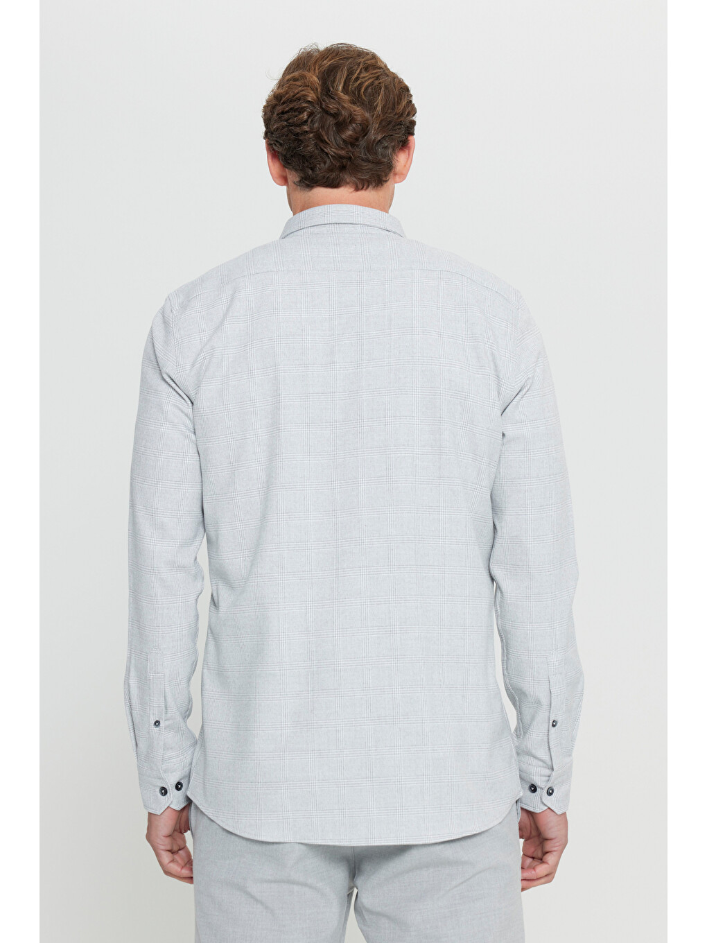 Erkek Gri Oxford Slim Fit Dar Kesim Düğmeli Yaka Kareli Esnek Gömlek-4