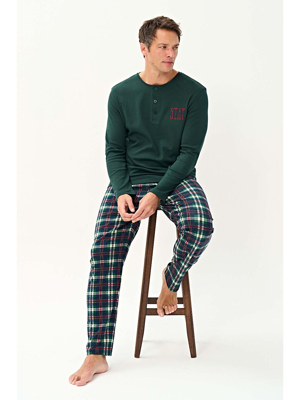Erkek Penye Uzun Kol Pijama Takımı 2250 Acı Yeşil-1