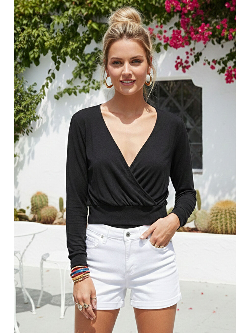 Siyah Kruvaze Yaka Uzun Kol Casual Penye Crop Örme Bluz 48 50-6