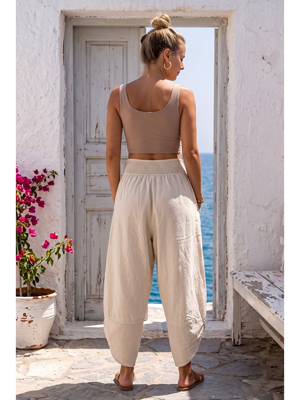 Bej Nakışlı Cepli Lastikli Bel Şalvar Paça Casual Keten Görünümlü Dokuma Pantolon 90 68-7