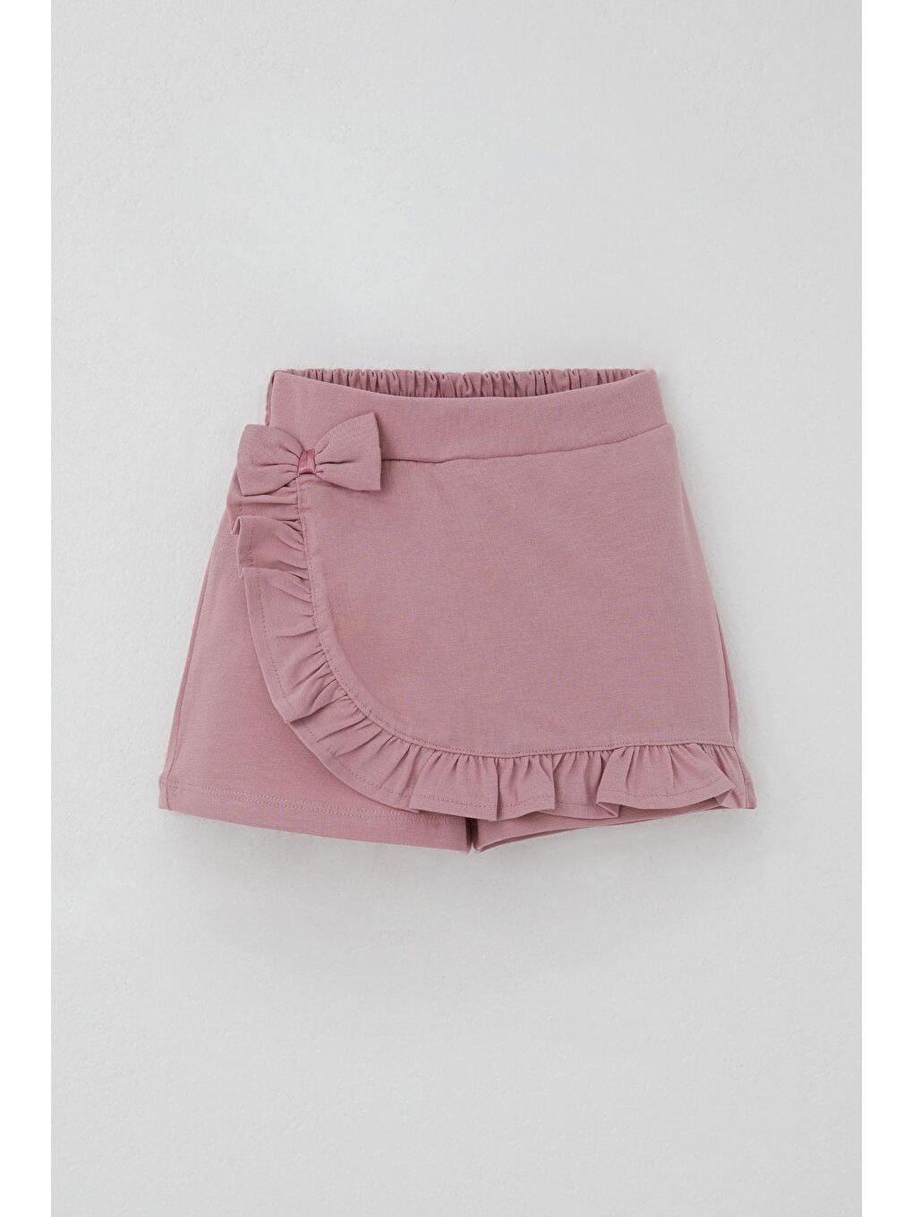 Pembe Kız Çocuk Şort Etek Fiyonk Aksesuarlı Fırfırlı Gülkurusu (3-8 Yaş)