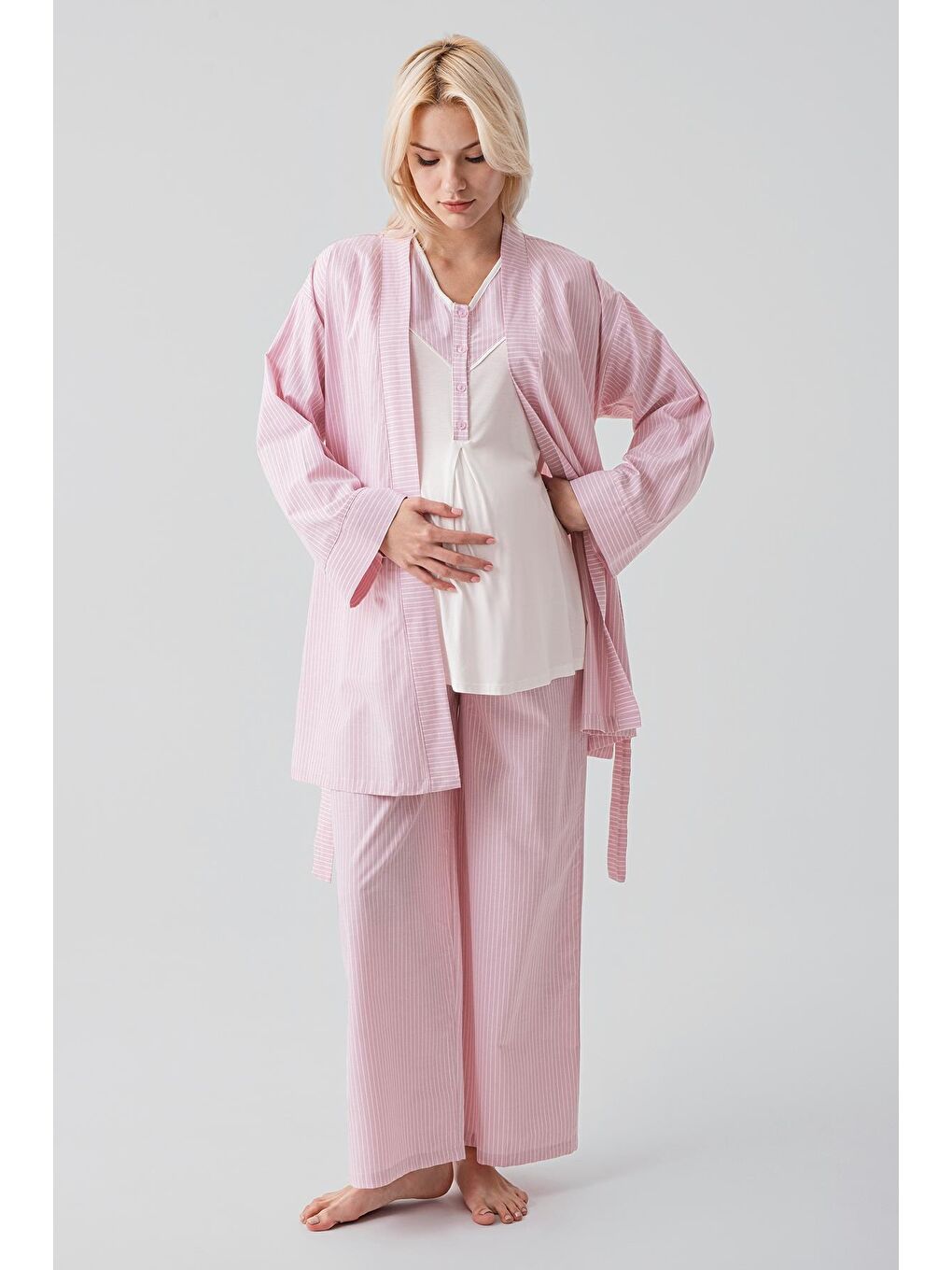 Pembe Kısa Kollu Çizgili Düğmeli Dokuma Pamuklu Esnek Viskoz Hamile Sabahlık Pijama Takım 19308