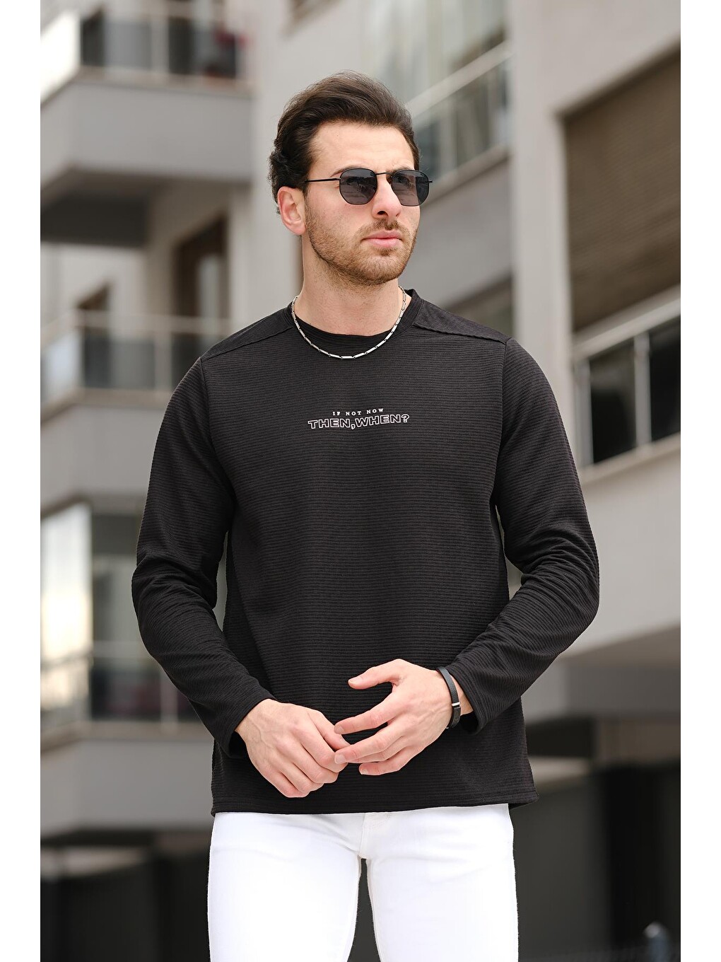 Siyah Then When Enjeksiyon Baskı Sırtı Parçalı Erkek Sweatshirt