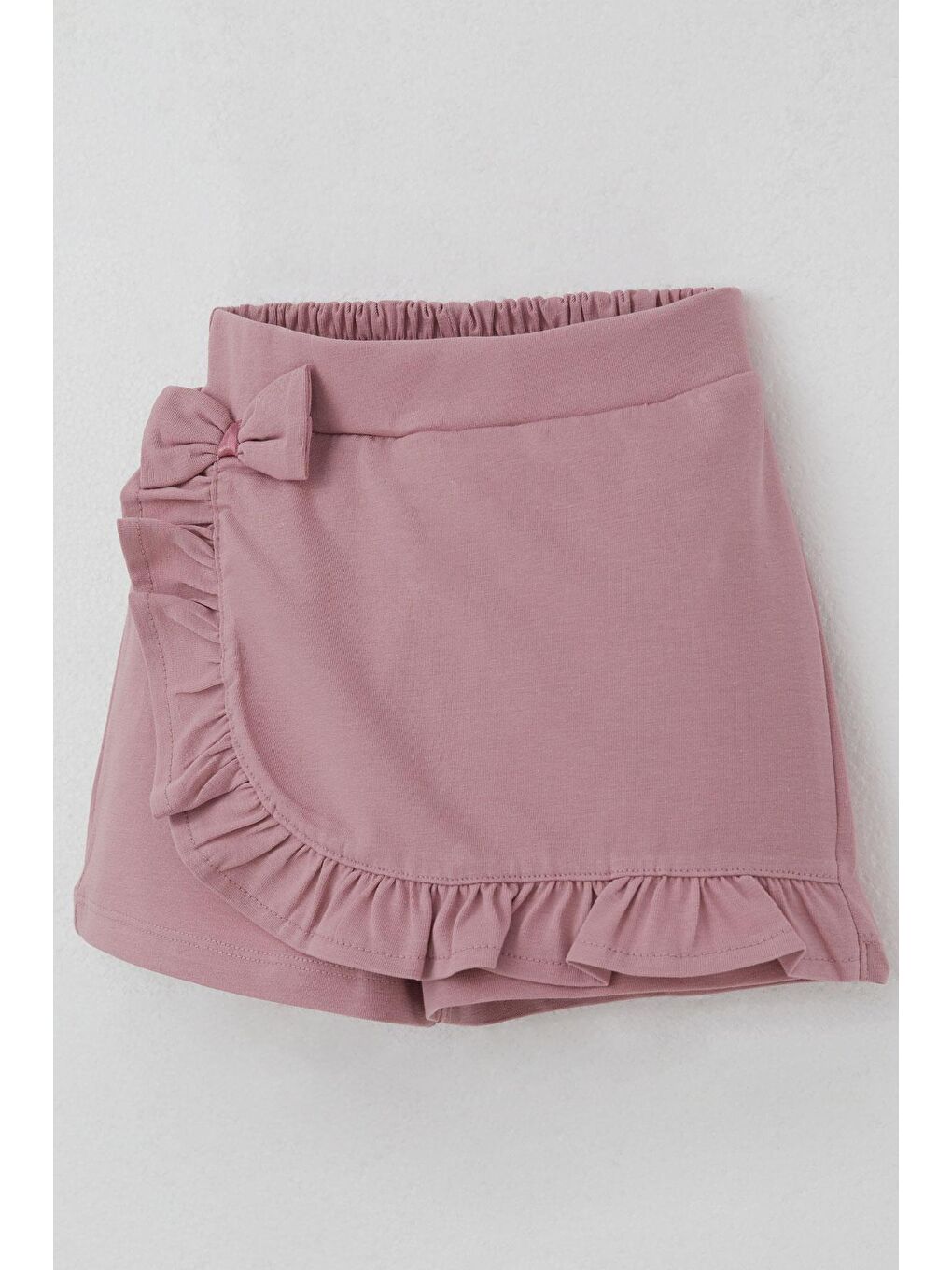 Pembe Kız Çocuk Şort Etek Fiyonk Aksesuarlı Fırfırlı Gülkurusu (3-8 Yaş)-2