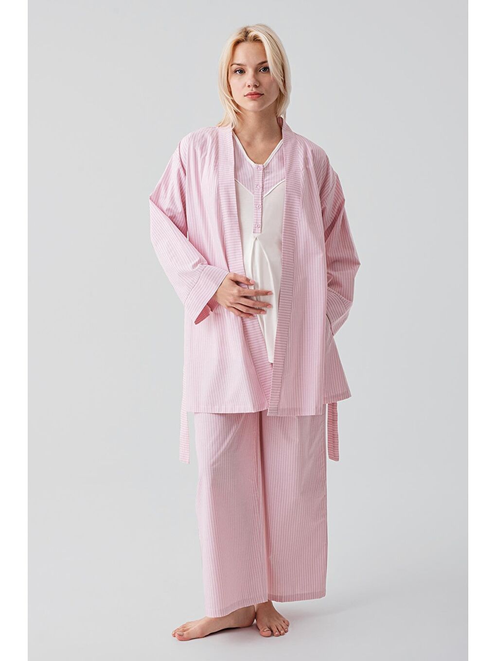 Pembe Kısa Kollu Çizgili Düğmeli Dokuma Pamuklu Esnek Viskoz Hamile Sabahlık Pijama Takım 19308-1