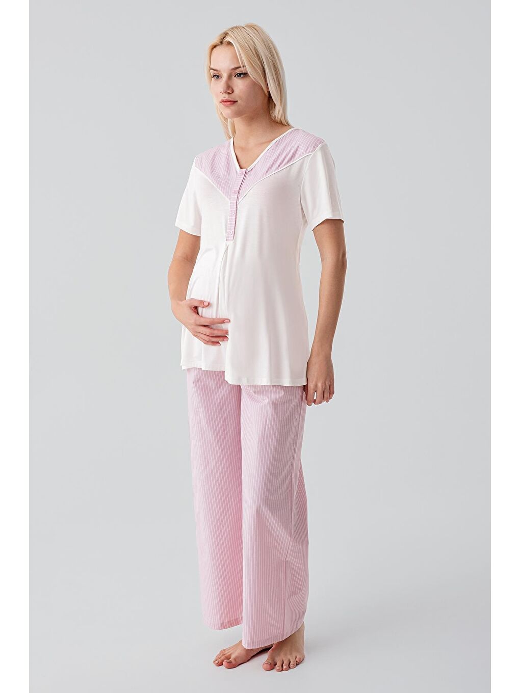 Pembe Kısa Kollu Çizgili Düğmeli Dokuma Pamuklu Esnek Viskoz Hamile Sabahlık Pijama Takım 19308-2