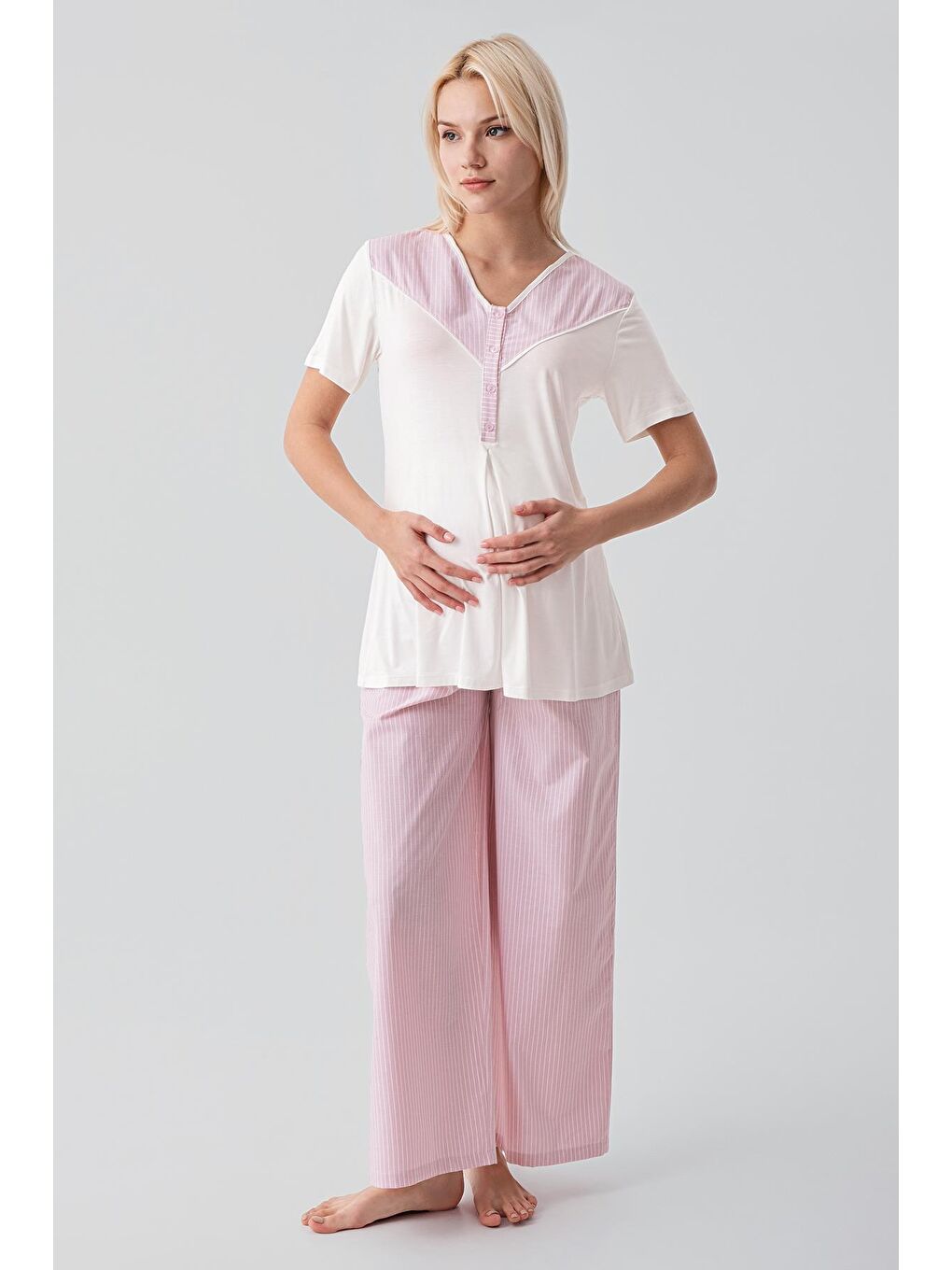 Pembe Kısa Kollu Çizgili Düğmeli Dokuma Pamuklu Esnek Viskoz Hamile Sabahlık Pijama Takım 19308-3