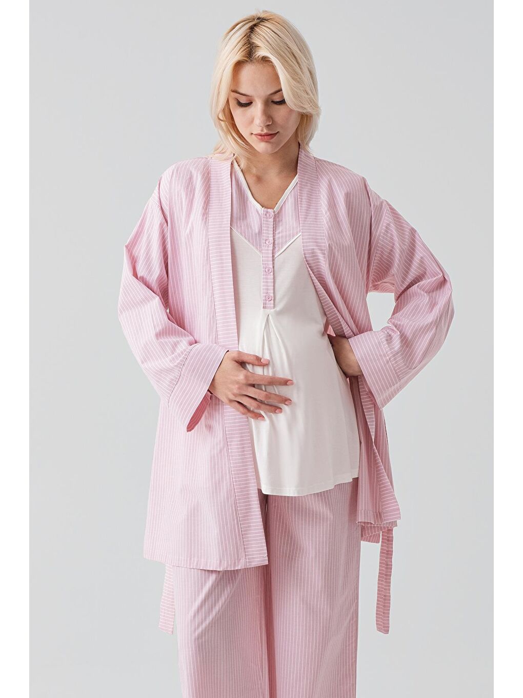Pembe Kısa Kollu Çizgili Düğmeli Dokuma Pamuklu Esnek Viskoz Hamile Sabahlık Pijama Takım 19308-4