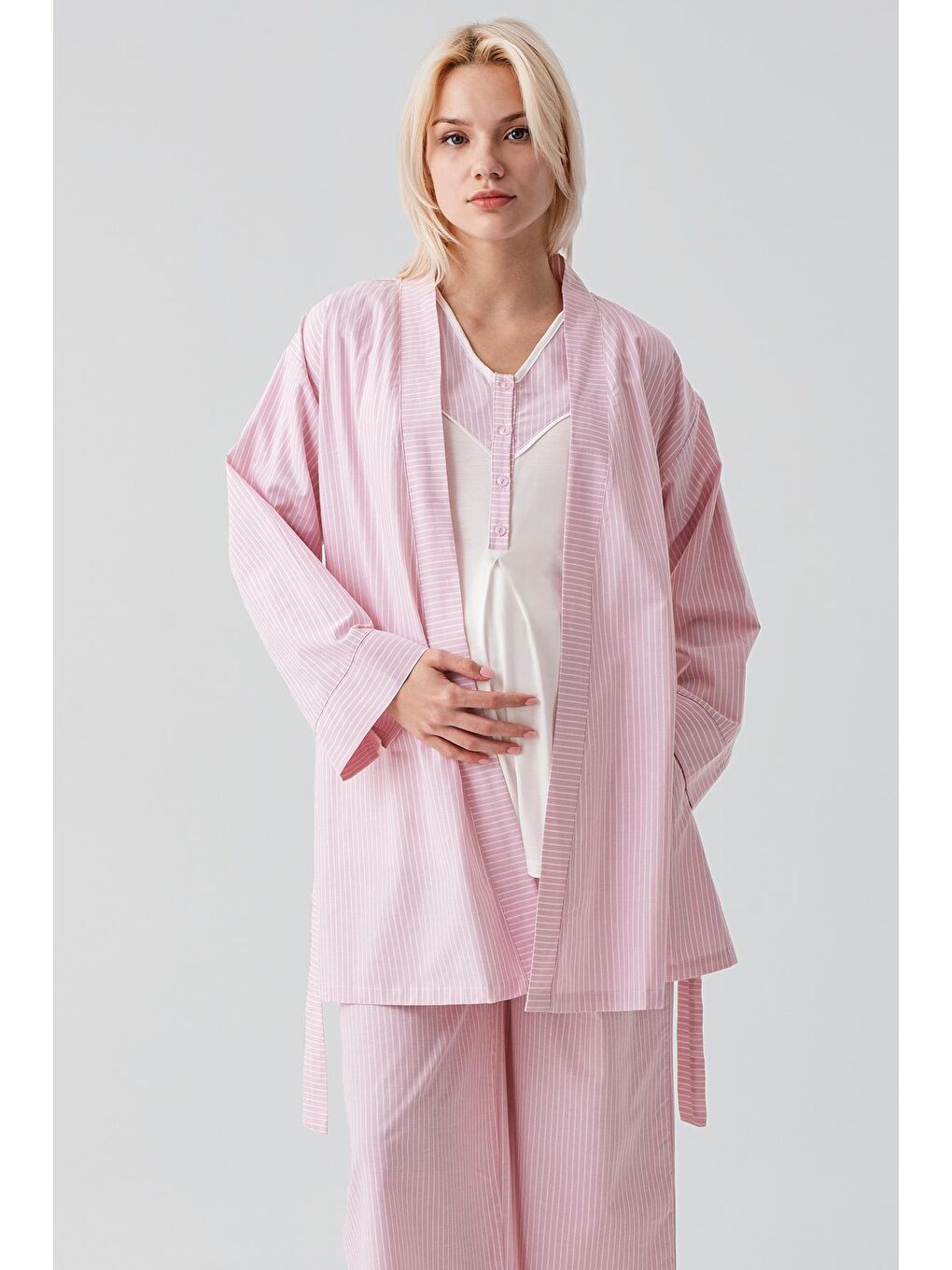 Pembe Kısa Kollu Çizgili Düğmeli Dokuma Pamuklu Esnek Viskoz Hamile Sabahlık Pijama Takım 19308-5
