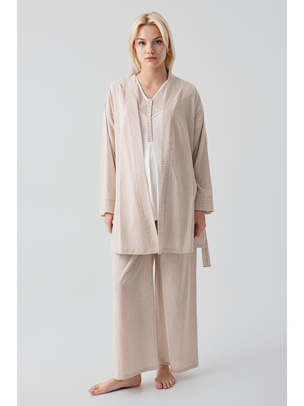 Bej Kısa Kollu Çizgili Düğmeli Dokuma Pamuklu Esnek Viskoz Hamile Sabahlık Pijama Takım 19308-1