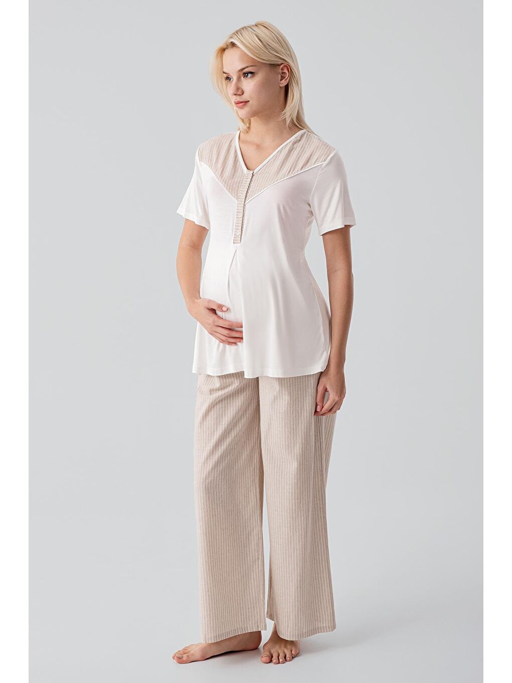 Bej Kısa Kollu Çizgili Düğmeli Dokuma Pamuklu Esnek Viskoz Hamile Sabahlık Pijama Takım 19308-2