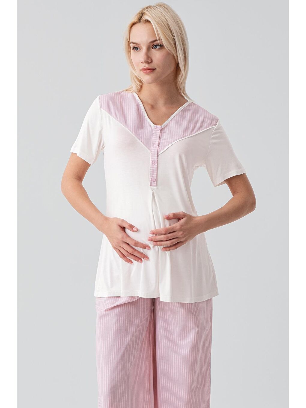 Pembe Kısa Kollu Çizgili Düğmeli Dokuma Pamuklu Esnek Viskoz Hamile Sabahlık Pijama Takım 19308-7