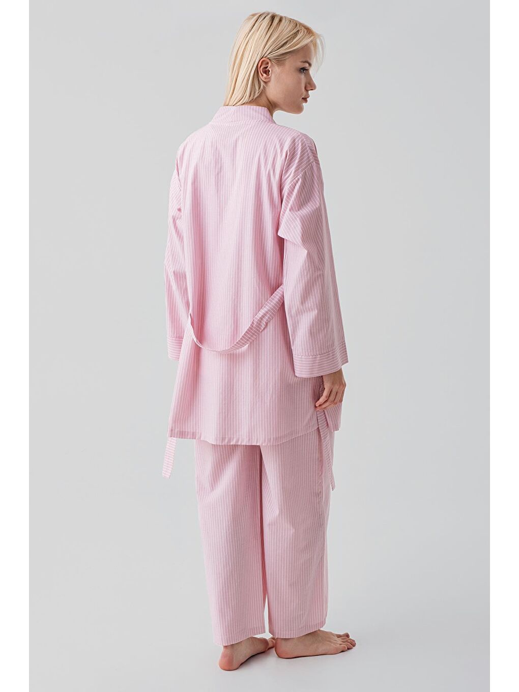 Pembe Kısa Kollu Çizgili Düğmeli Dokuma Pamuklu Esnek Viskoz Hamile Sabahlık Pijama Takım 19308-8