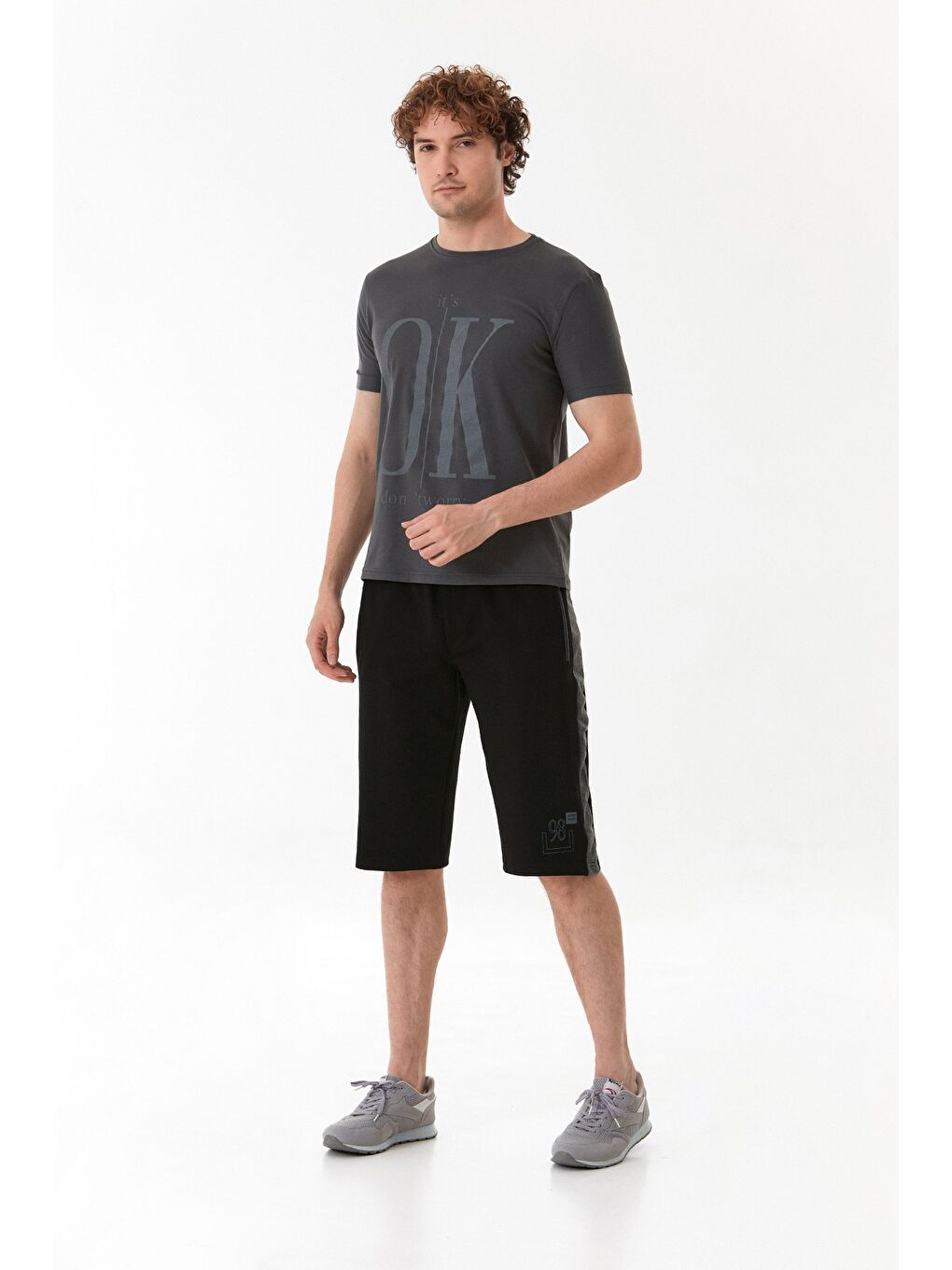 Antrasit It`s Ok Baskılı Bisiklet Yaka %100 Pamuk Tişört-1