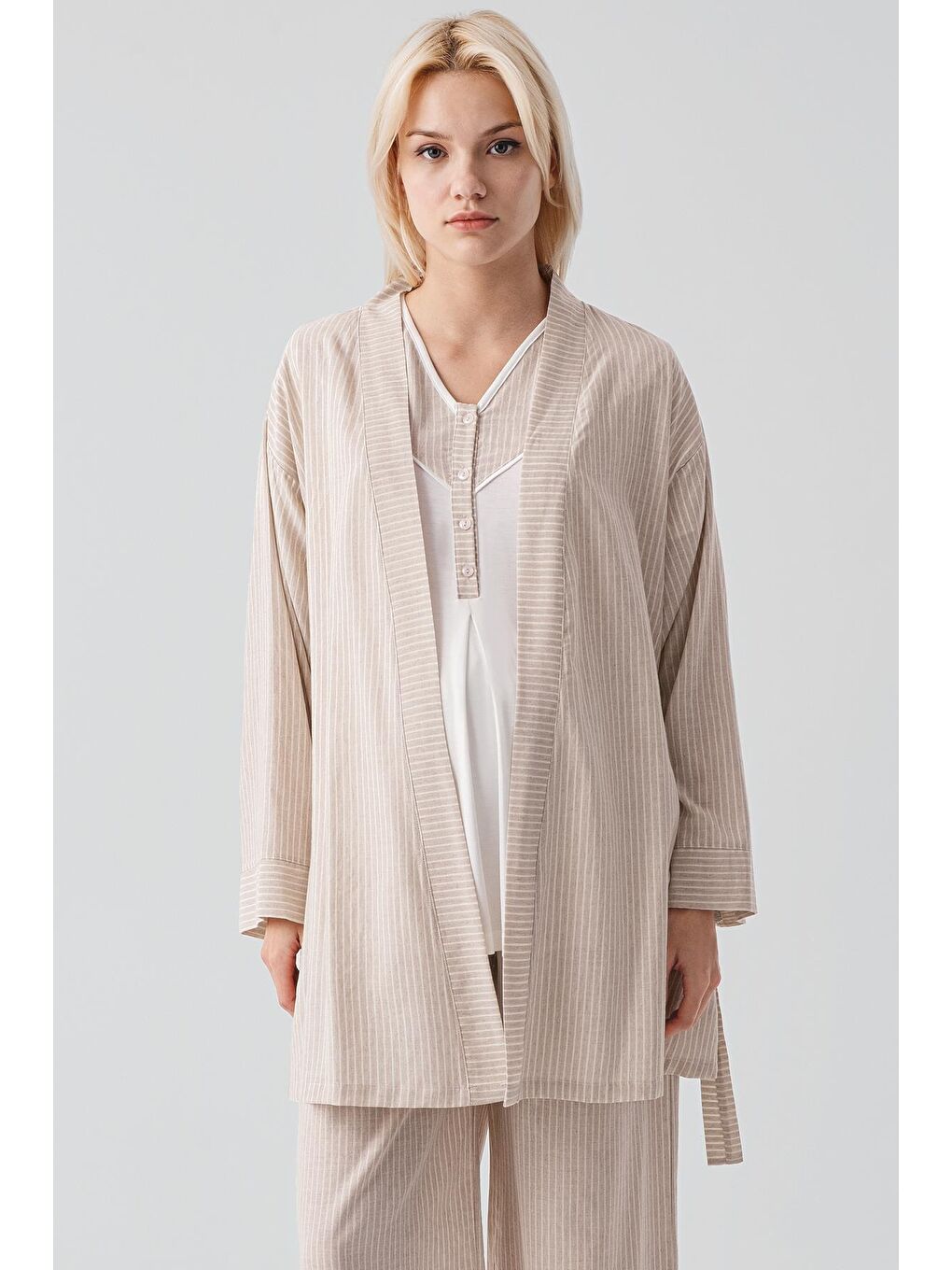 Bej Kısa Kollu Çizgili Düğmeli Dokuma Pamuklu Esnek Viskoz Hamile Sabahlık Pijama Takım 19308-5