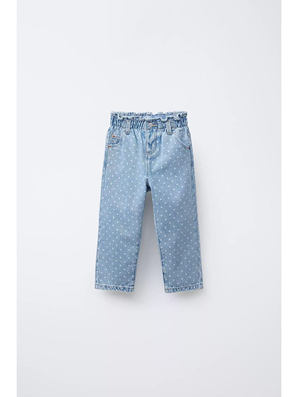Kız Çocuk Pamuklu Mavi Puantiye Desenli Denim Pantolon – Lastik Belli, Rahat Kesim