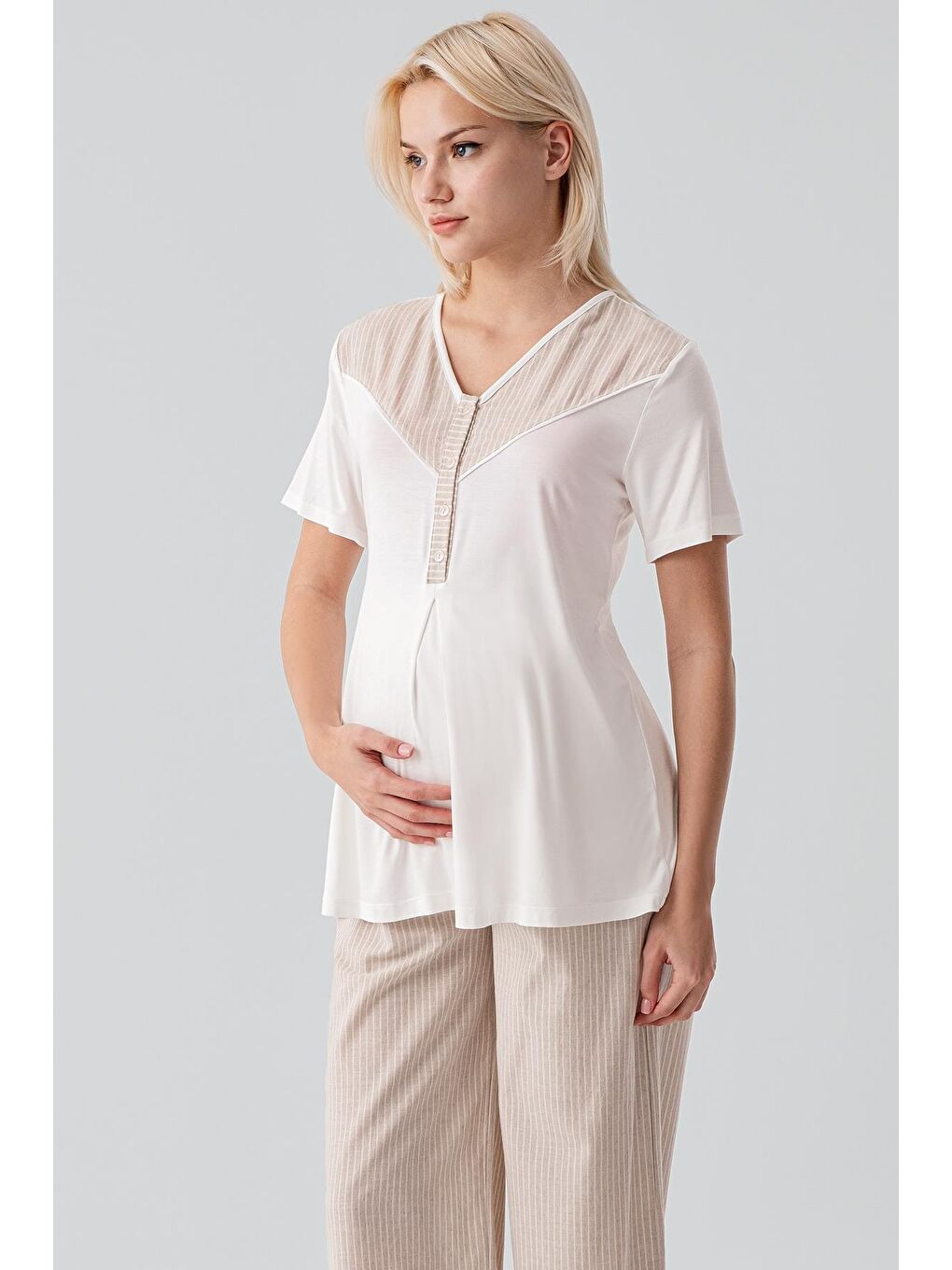 Bej Kısa Kollu Çizgili Düğmeli Dokuma Pamuklu Esnek Viskoz Hamile Sabahlık Pijama Takım 19308-6