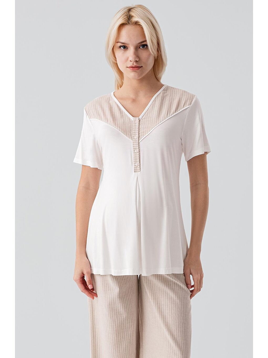 Bej Kısa Kollu Çizgili Düğmeli Dokuma Pamuklu Esnek Viskoz Hamile Sabahlık Pijama Takım 19308-7