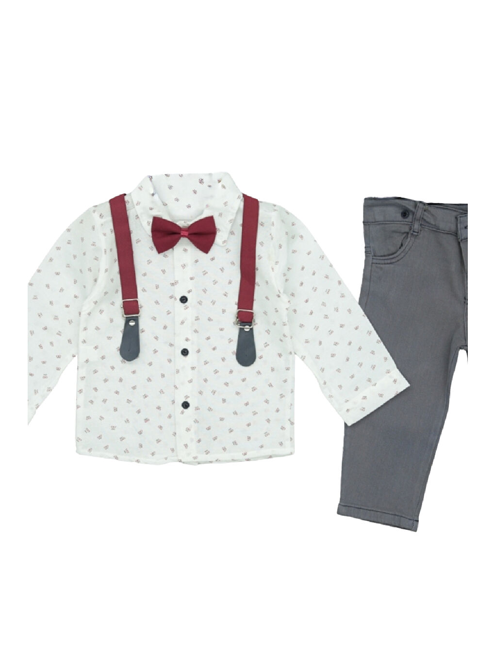 Beyaz Erkek Bebek %100 Pamuk Papyonlu ve Askılı Kemerli 2'li Takım 3-24 Ay 12483-1