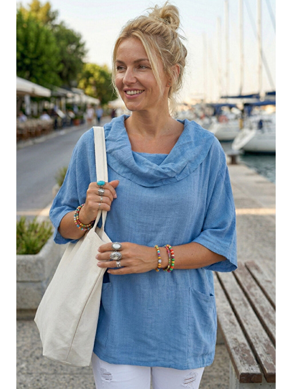 Mavi Şal Yaka Kısa Kol Çift Cepli Casual Keten Görünümlü Geniş Kesim Dokuma Bluz 65 83-1