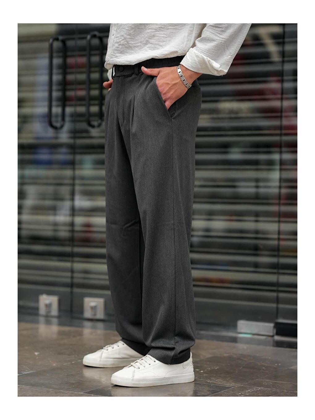 Tarz Cool Gri Füme Pileli Klasik Baggy Erkek Pantolon - 1