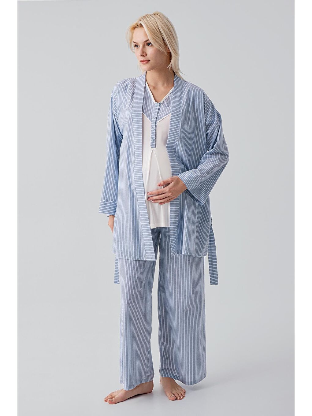 Mavi Kısa Kollu Çizgili Düğmeli Dokuma Pamuklu Esnek Viskoz Hamile Sabahlık Pijama Takım 19308