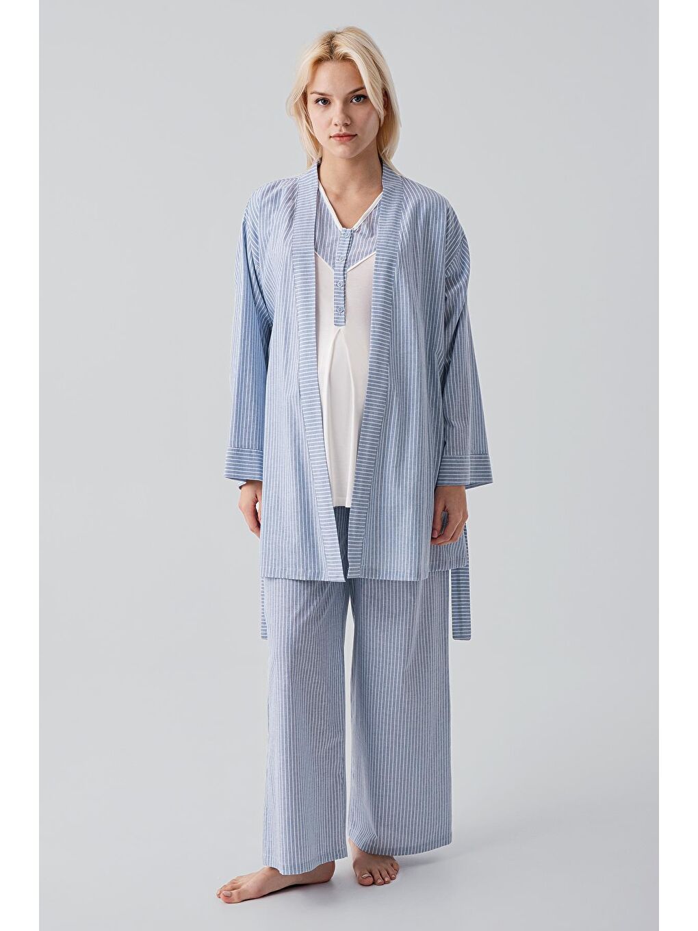 Mavi Kısa Kollu Çizgili Düğmeli Dokuma Pamuklu Esnek Viskoz Hamile Sabahlık Pijama Takım 19308-1