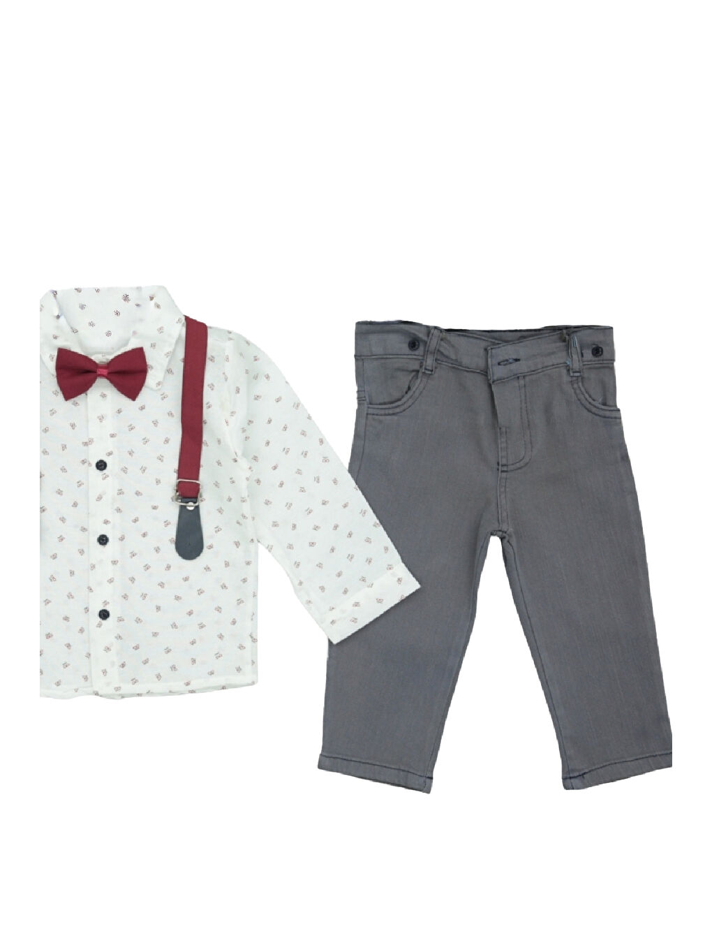 Beyaz Erkek Bebek %100 Pamuk Papyonlu ve Askılı Kemerli 2'li Takım 3-24 Ay 12483-2