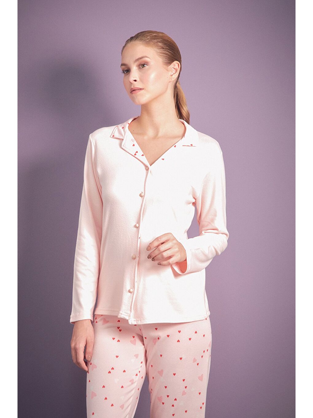 Pembe Kalp Desenli Gömlek Yaka 2'li Pijama Takımı-2