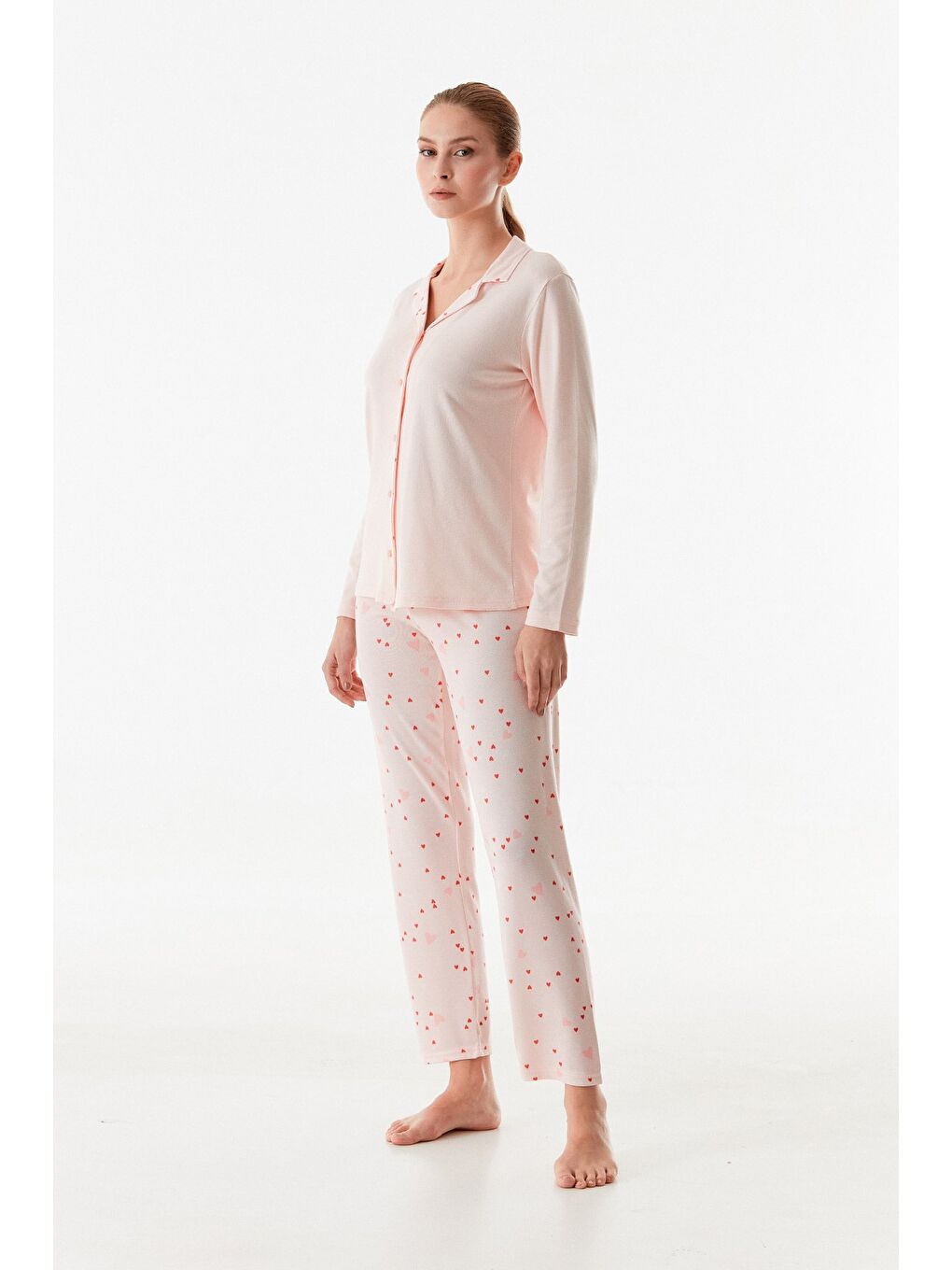 Pembe Kalp Desenli Gömlek Yaka 2'li Pijama Takımı-3