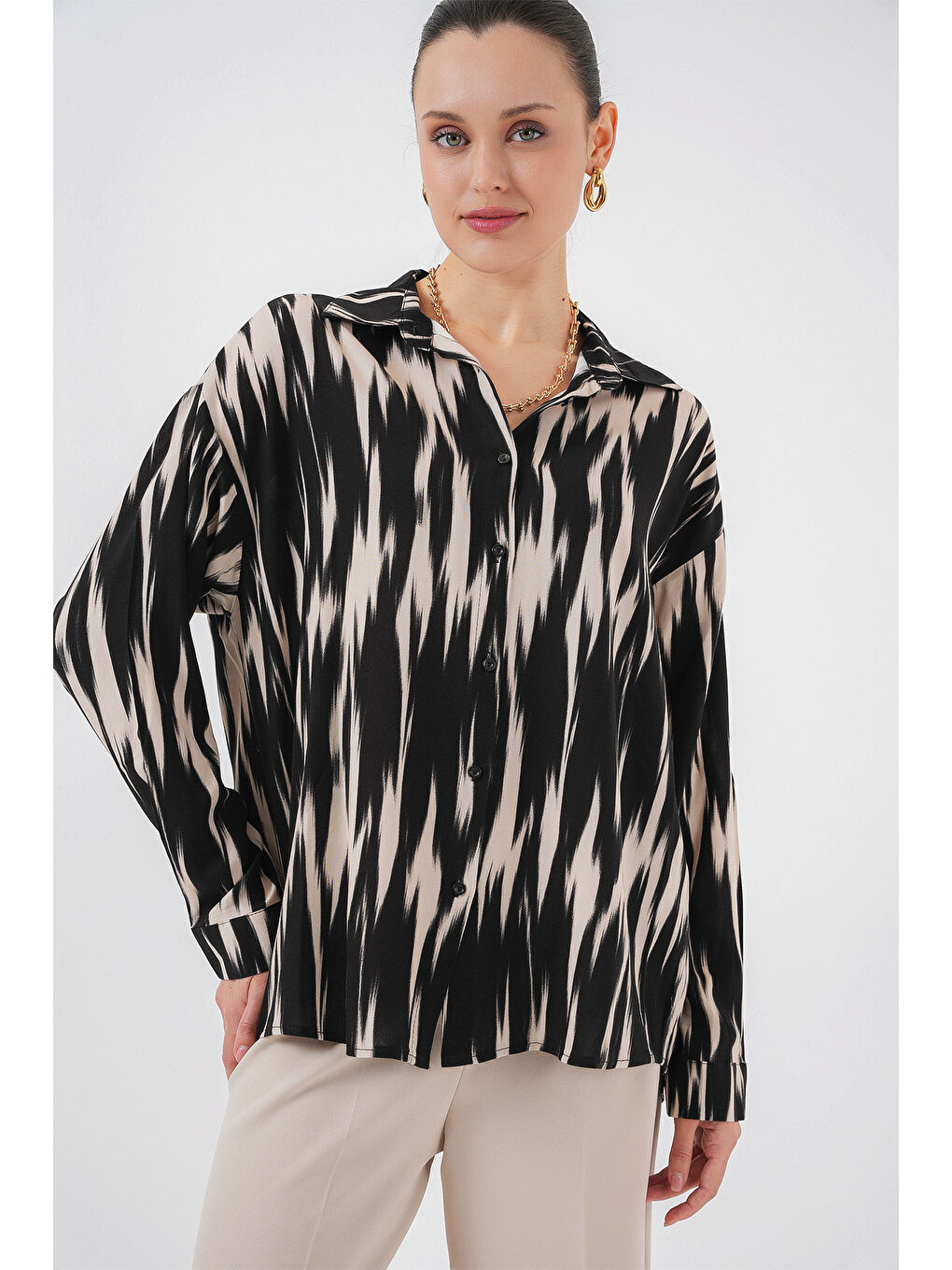 Kadın Desenli Oversize Gömlek 20301 - Siyah