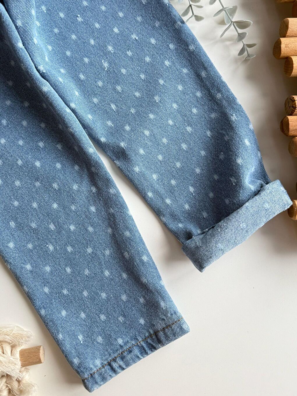 Kız Çocuk Pamuklu Mavi Puantiye Desenli Denim Pantolon – Lastik Belli, Rahat Kesim-3