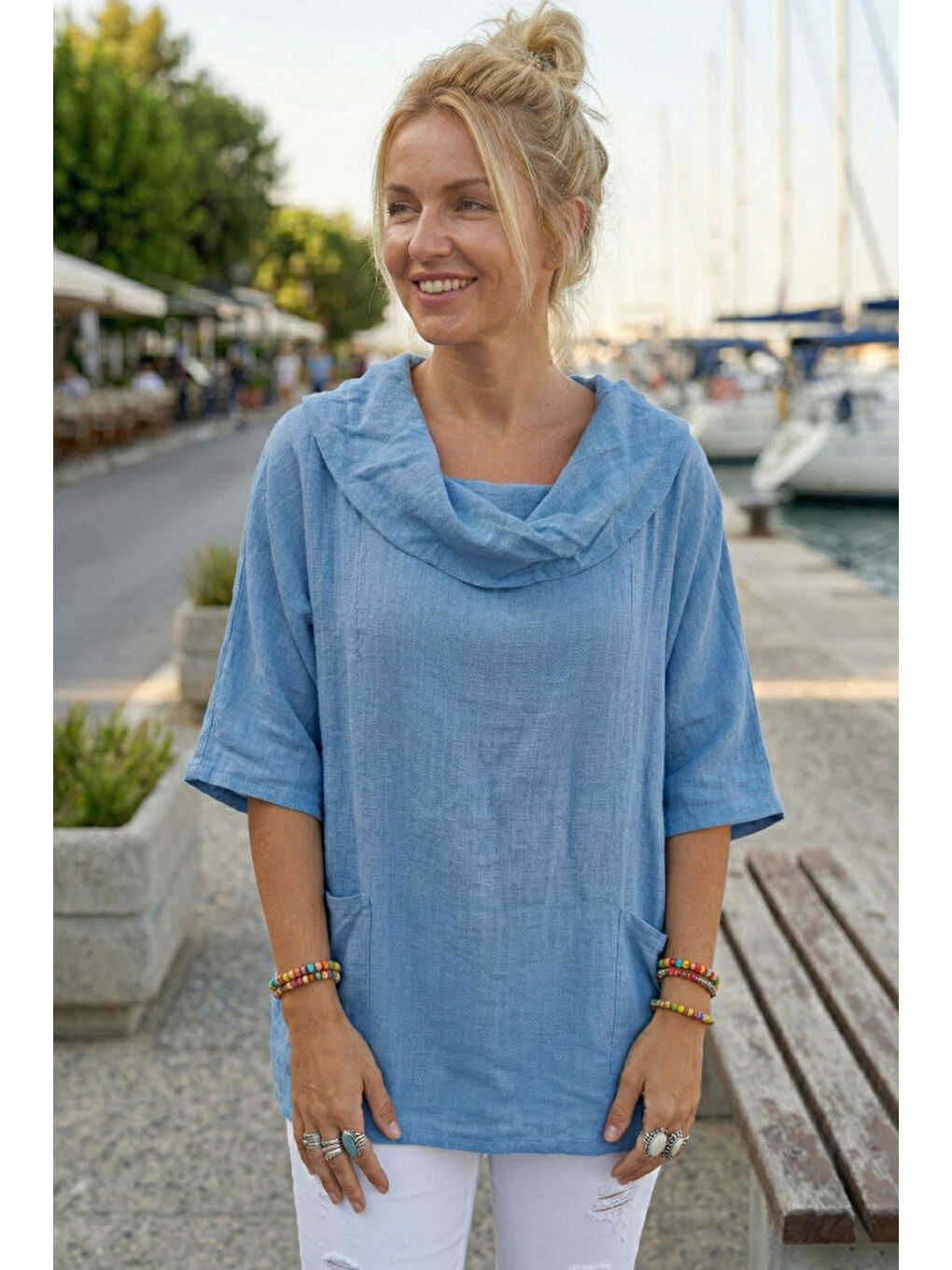 Mavi Şal Yaka Kısa Kol Çift Cepli Casual Keten Görünümlü Geniş Kesim Dokuma Bluz 65 83-2