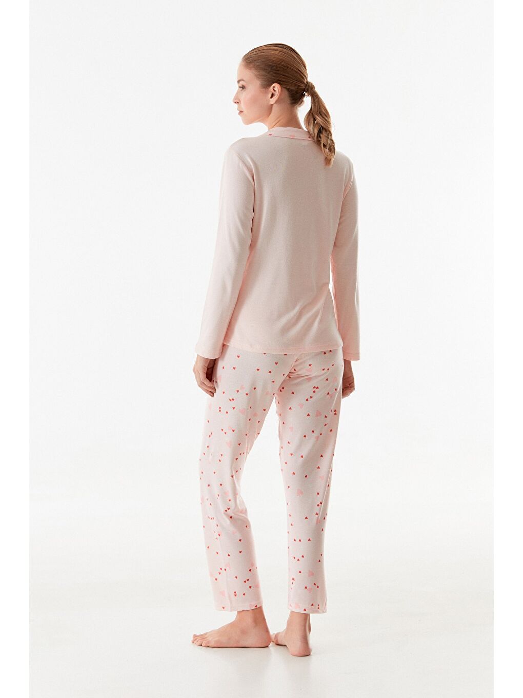 Pembe Kalp Desenli Gömlek Yaka 2'li Pijama Takımı-4