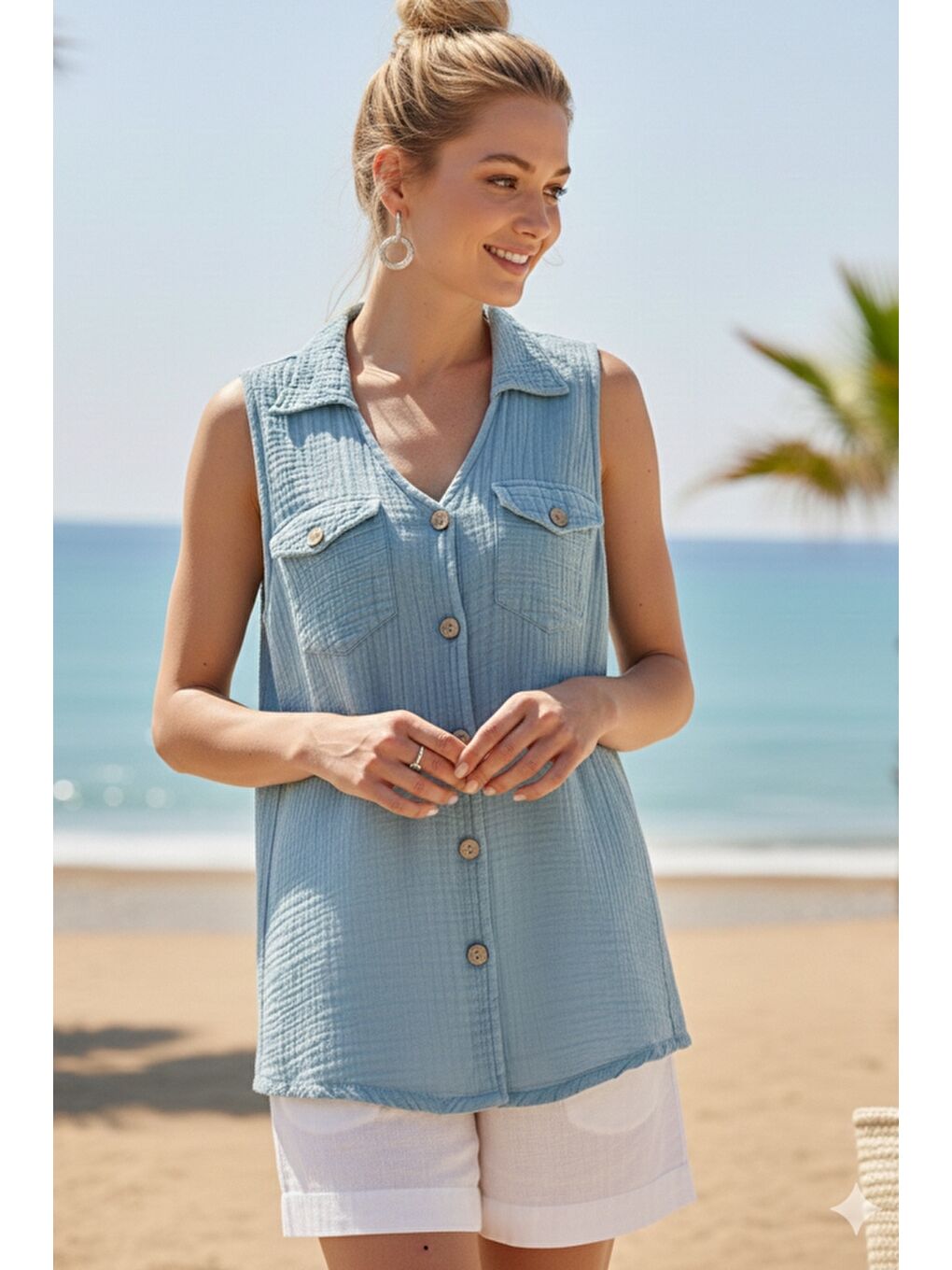 Açık Mavi Gömlek Yaka Kolsuz Düğmeli Çift Kapaklı Cepli Yıkamalı Casual Müslin Dokuma Bluz 62 55-2