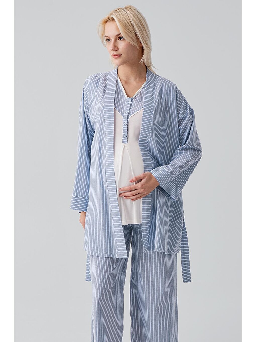 Mavi Kısa Kollu Çizgili Düğmeli Dokuma Pamuklu Esnek Viskoz Hamile Sabahlık Pijama Takım 19308-4