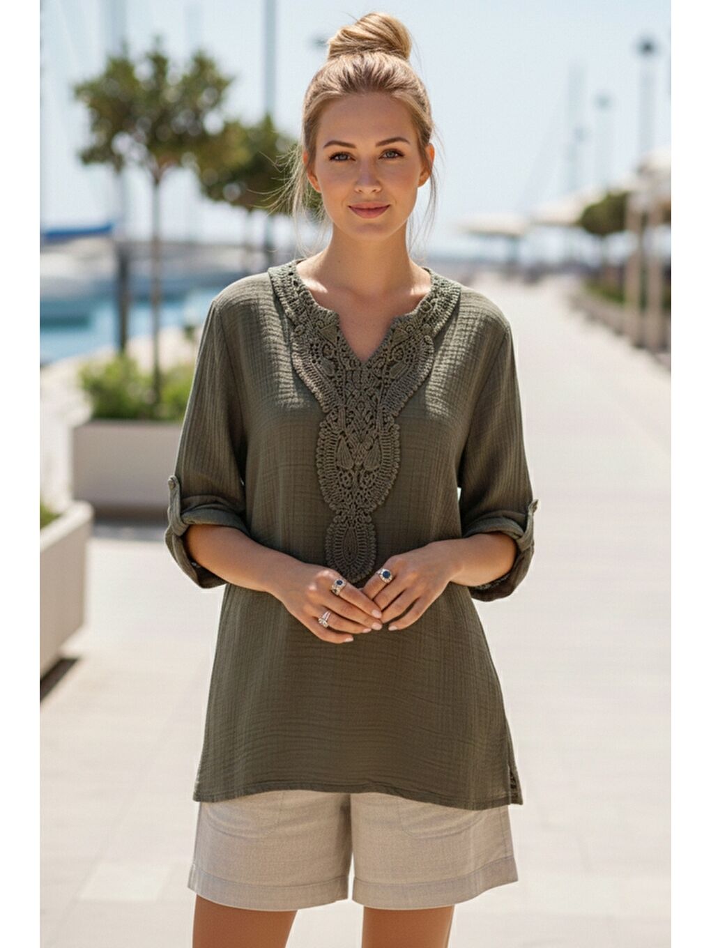 Haki Dantel Yaka Düğmeli 3/4 Kol Yıkamalı Casual Müslin Salaş Dokuma Bluz 74 65