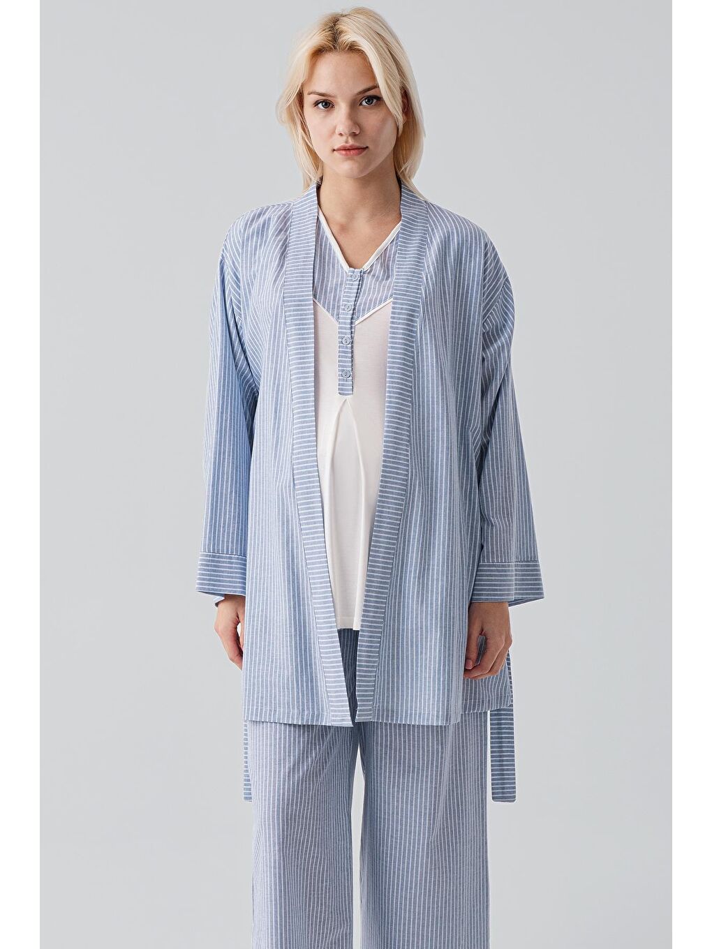 Mavi Kısa Kollu Çizgili Düğmeli Dokuma Pamuklu Esnek Viskoz Hamile Sabahlık Pijama Takım 19308-5