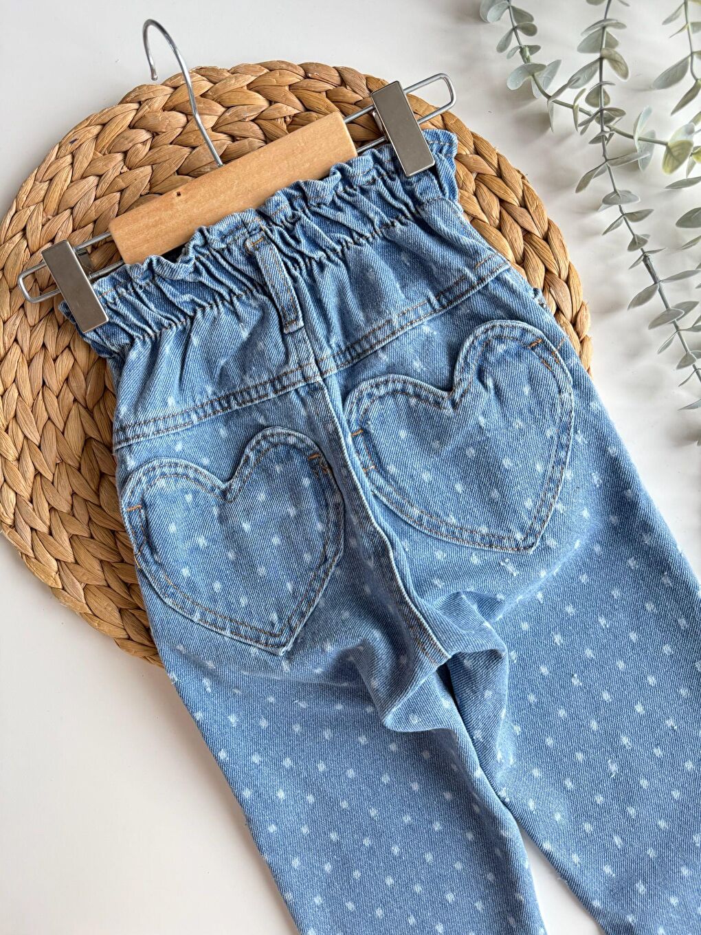 Kız Çocuk Pamuklu Mavi Puantiye Desenli Denim Pantolon – Lastik Belli, Rahat Kesim-4