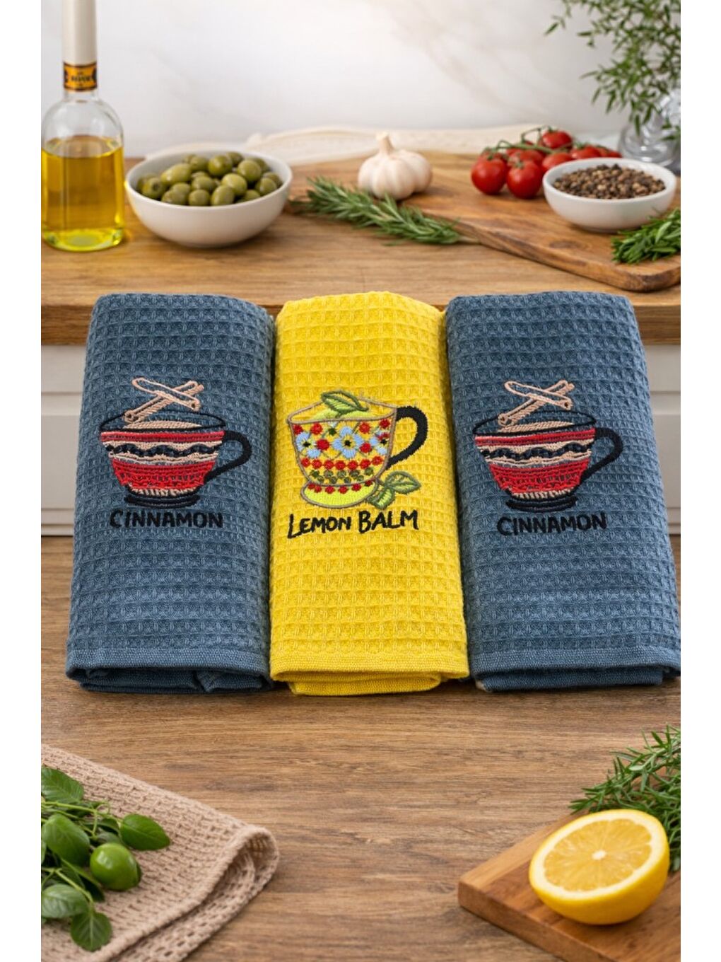 Antrasit 3’lü Nakışlı Waffle Mutfak Havlusu 40x60 cm