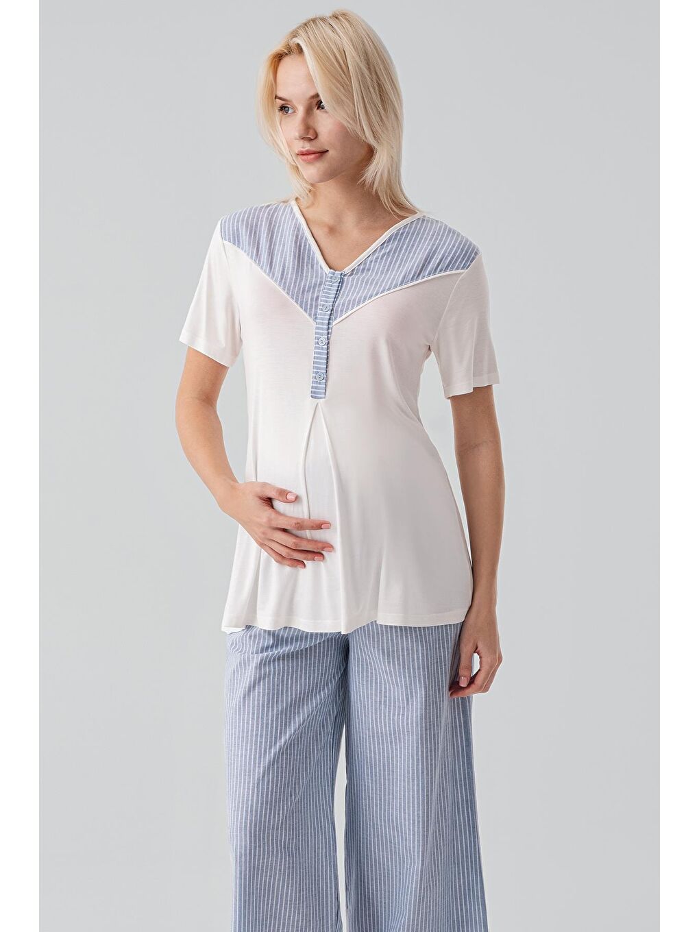 Mavi Kısa Kollu Çizgili Düğmeli Dokuma Pamuklu Esnek Viskoz Hamile Sabahlık Pijama Takım 19308-6