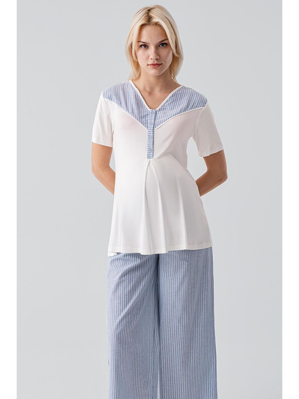 Mavi Kısa Kollu Çizgili Düğmeli Dokuma Pamuklu Esnek Viskoz Hamile Sabahlık Pijama Takım 19308-7