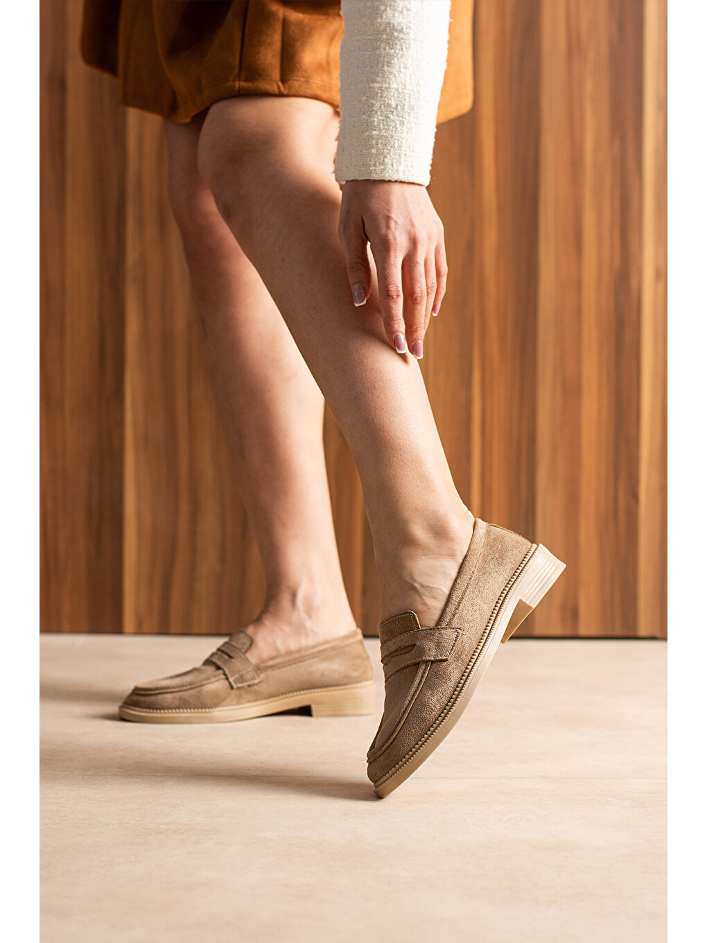 Bej Marlena Kadın Günlük Süet Loafer Ayakkabı-4